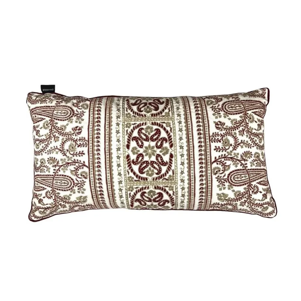 Throw Pillow Rectangular Ivory Red Embroidered Linen Blend by Envogue 13X24